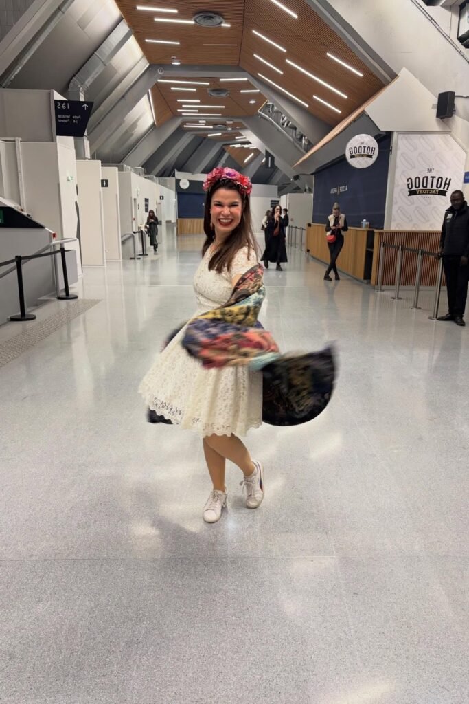 White Lace Fit-and-Flare Dress + Floral Headband + White Sneakers