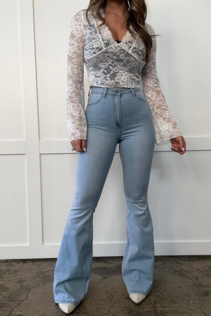 White Lace Long-Sleeve Top + Light Wash Flared Jeans + White Pointed Boots