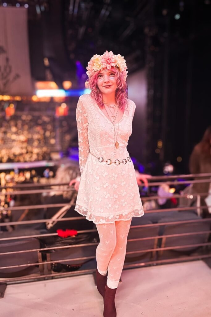 White Lace Mini Dress + White Heart-Patterned Tights + Brown Ankle Boots