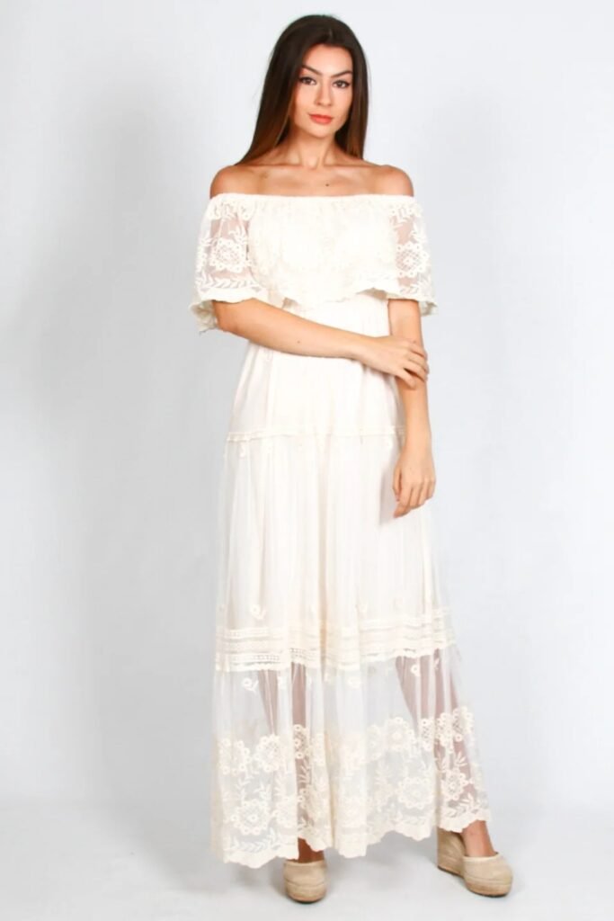 White Lace Off-the-Shoulder Maxi Dress + Nude Wedge Heels