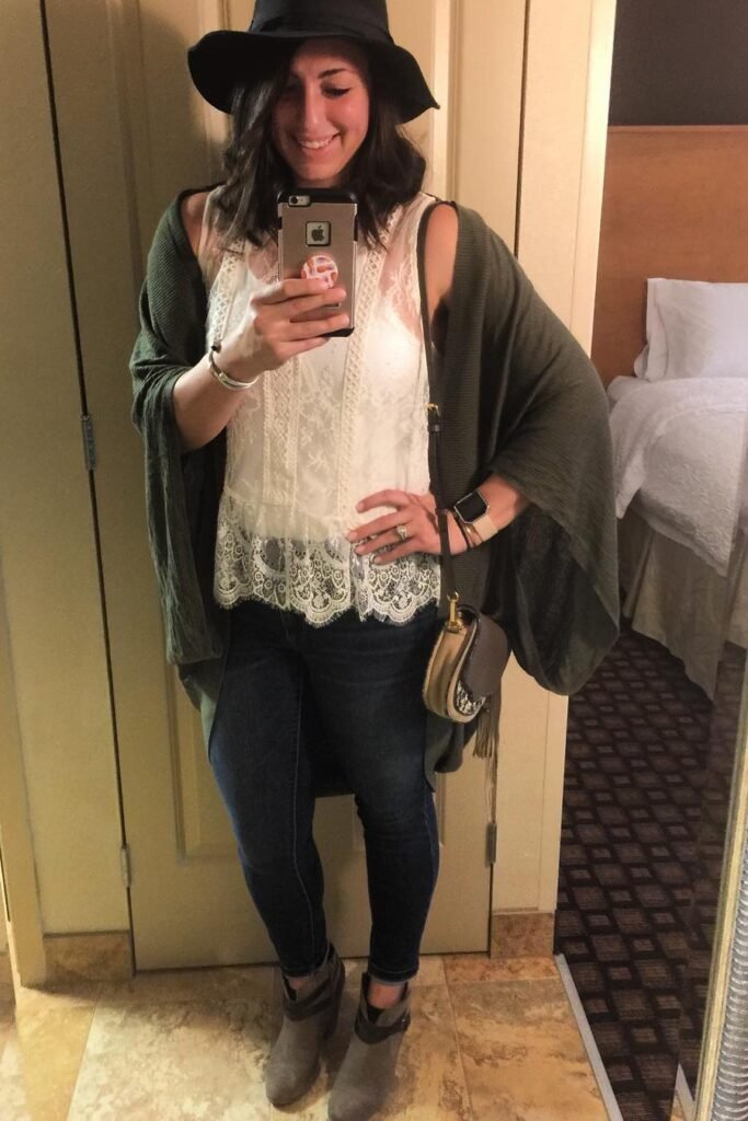 White Lace Sleeveless Top + Dark Wash Skinny Jeans + Grey Suede Booties