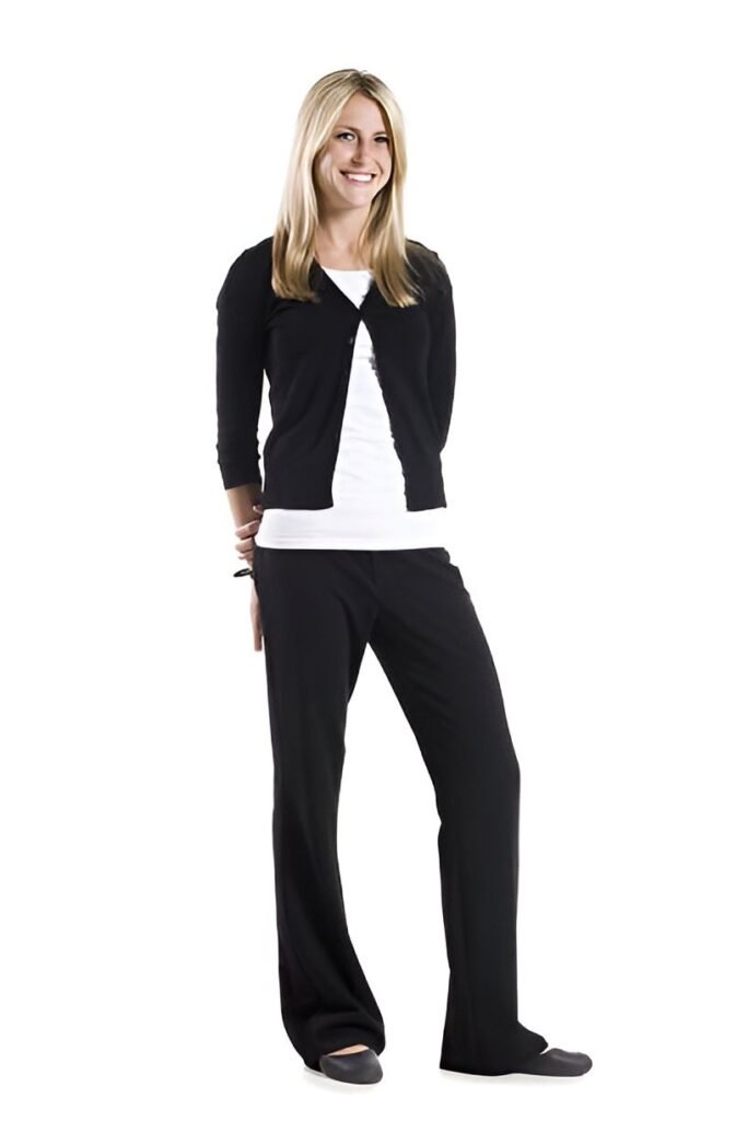 White Layering Tank + Black Button-Up Cardigan + Black Straight-Leg Trousers + Black Flats