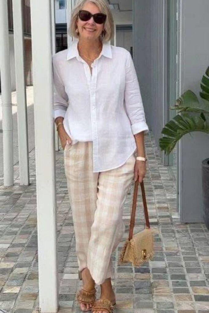 White Linen Button-Down Shirt + Tan Gingham Trousers + Fringed Tan Sandals