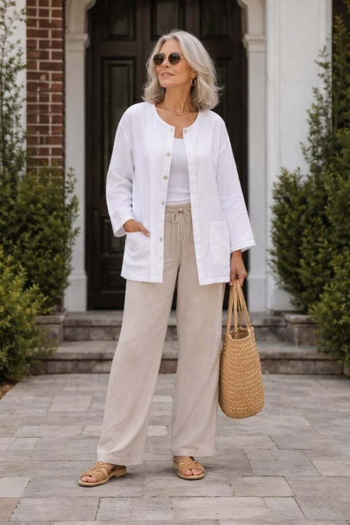 White Linen Cardigan + Beige Wide-Leg Trousers + Tan Strappy Sandals