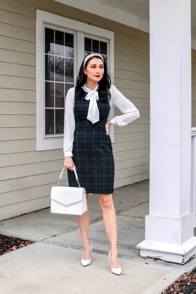 White Long-Sleeve Bow Blouse + Plaid Sleeveless Shift Dress + White Pointed-Toe Pumps