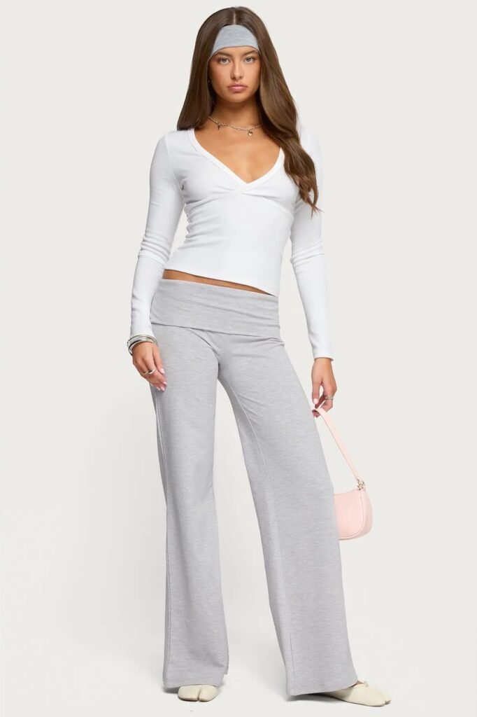 White Long Sleeve V-Neck Top + Light Grey Fold-Over Flare Pants + Off-White Tabi Shoes