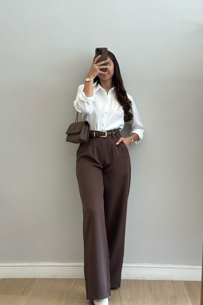 White Long-Sleeved Blouse + Dark Brown Pleated Trousers + Slim Brown Belt + Brown Quilted Shoulder Bag