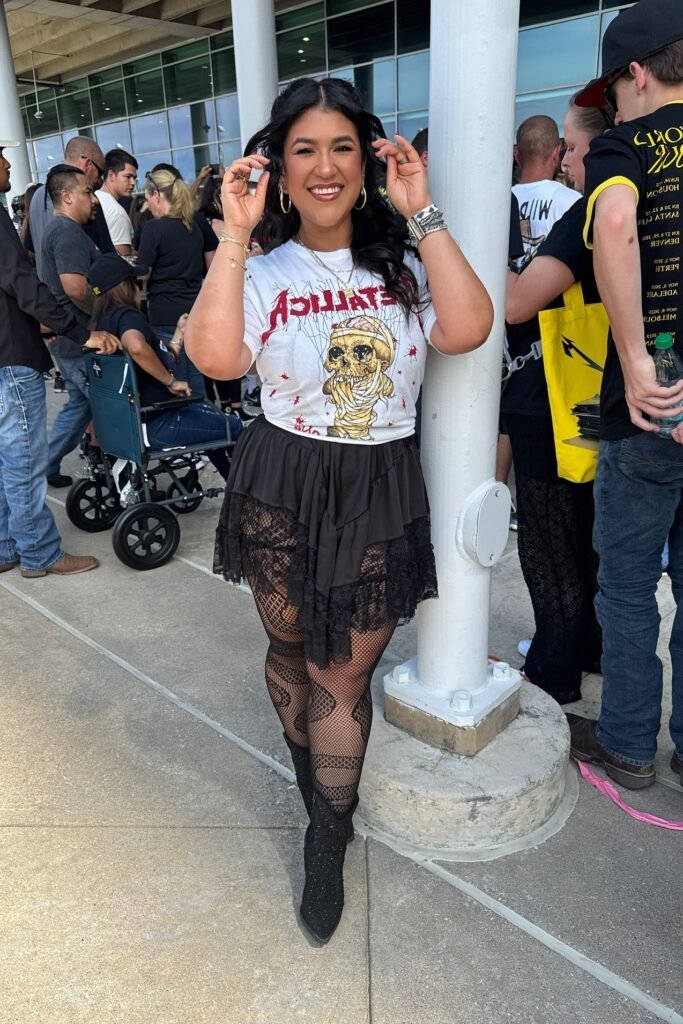 White Metallica Graphic Tee + Black Lace Ruffle Mini Skirt + Black Pointed Boots