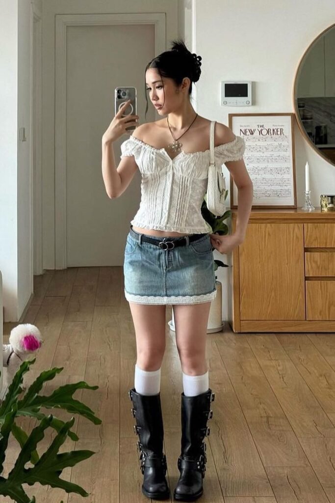 White Off-the-Shoulder Lace Corset Top + Denim Mini Skirt + Black Buckled Moto Boots