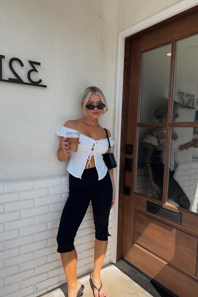 White Off-the-Shoulder Tie-Front Top + Black Capri Leggings + Black Thong Sandals