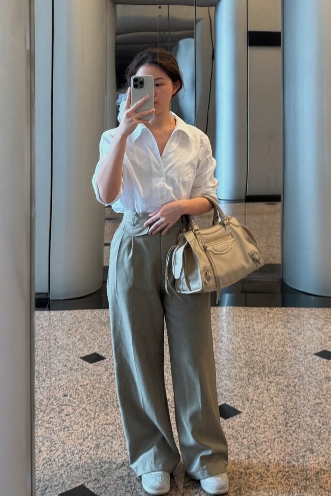 White Oversized Button-Down + Olive Green Wide-Leg Trousers + White Sneakers