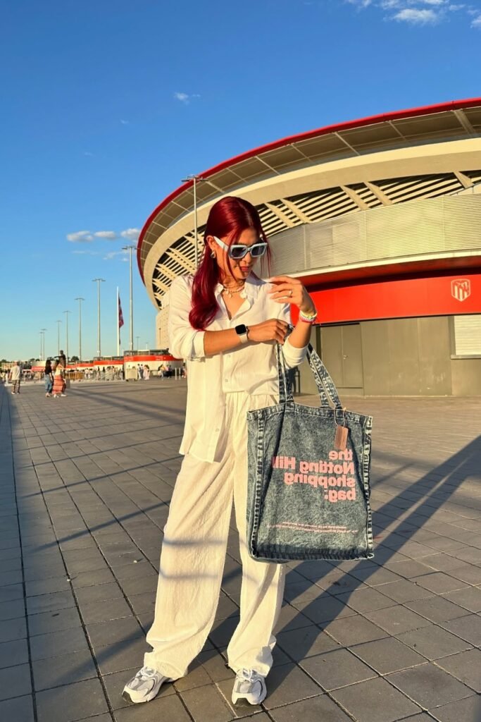 White Oversized Button-Down Shirt + White Wide-Leg Trousers + White Athletic Sneakers