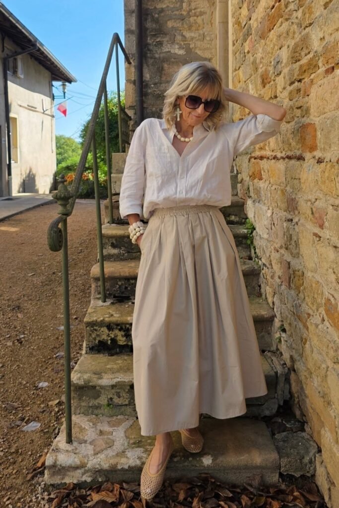 White Oversized Linen Shirt + Beige Pleated Maxi Skirt + Tan Mesh Ballet Flats