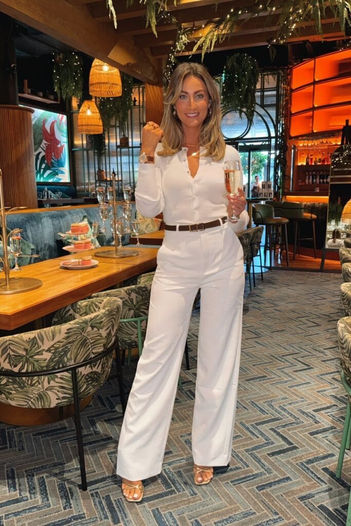 White Ribbed Cardigan + White Wide-Leg Trousers + Brown Belt + Gold Strappy Sandals