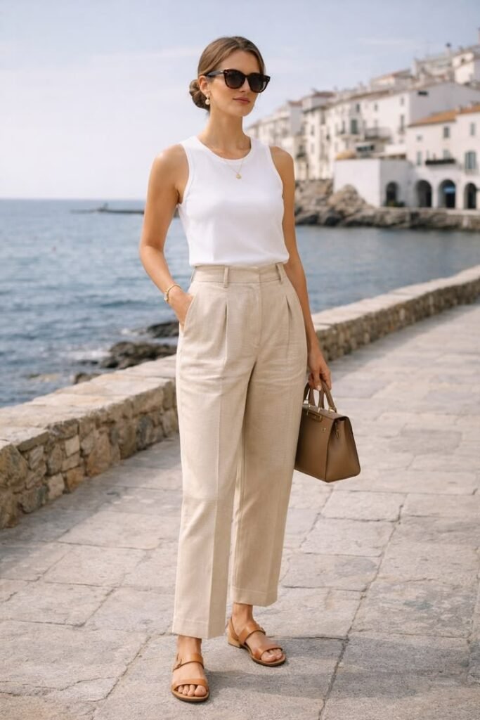 White Ribbed Tank Top + Beige Pleated Trousers + Tan Leather Sandals
