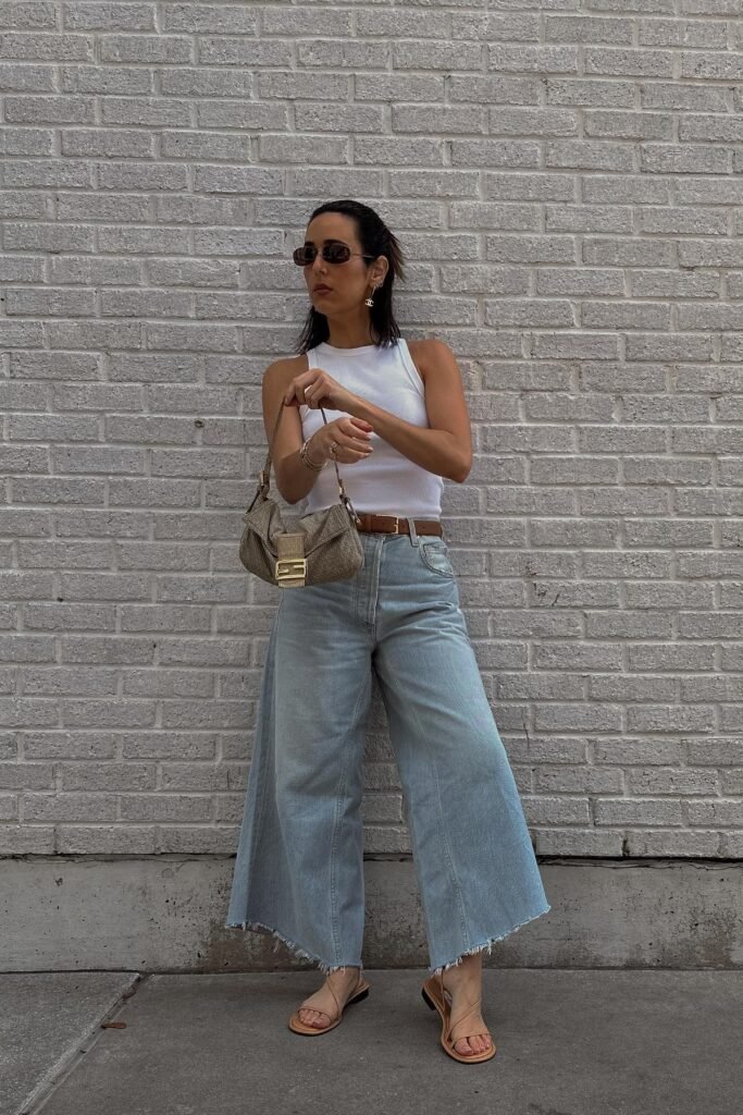 White Ribbed Tank Top + Light Wash Denim Culottes + Tan Strappy Sandals