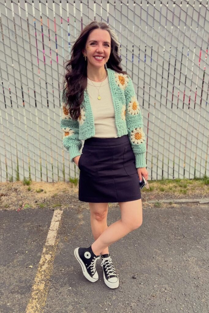 White Ribbed Top + Mint Green Flower Crochet Cardigan + Black Mini Skirt + Black High-Top Sneakers