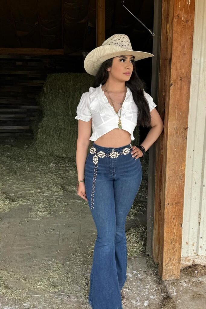 White Ruffle Crop Top + Blue Flare Jeans + Cream Cowboy Hat