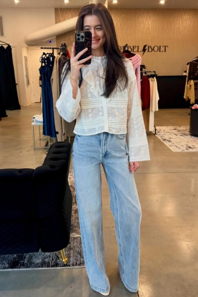 White Ruffle Eyelet Blouse + Light Wash Wide-Leg Jeans + White Shoes
