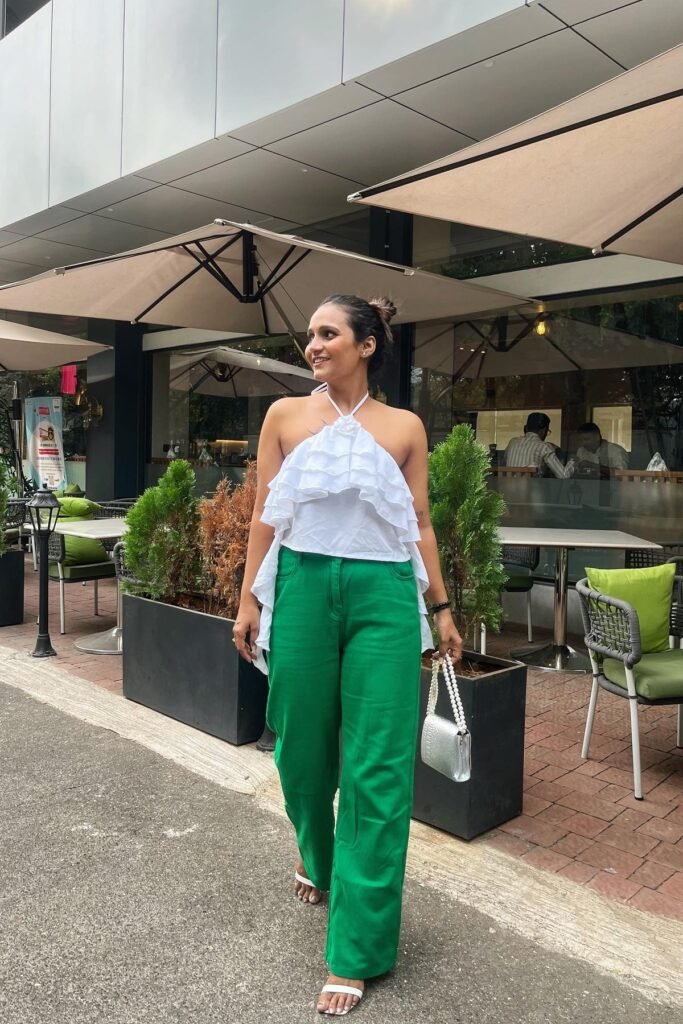 White Ruffled Halter Top + Grass Green Wide-Leg Pants + White Strappy Sandals