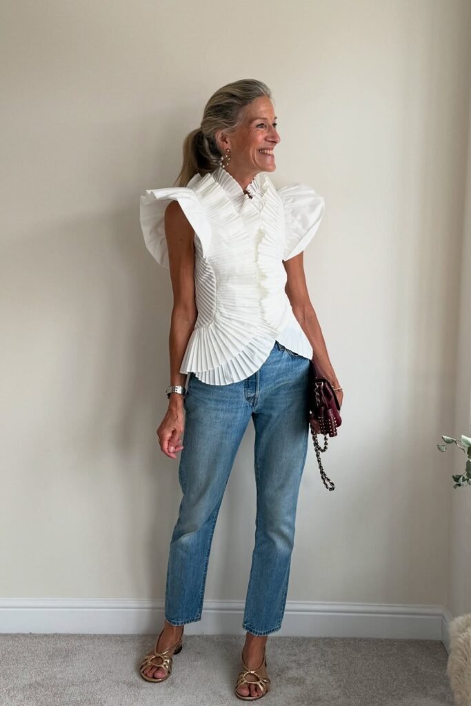 White Sculptural Ruffle Blouse + Slim Fit Light Wash Jeans + Gold Strappy Sandals
