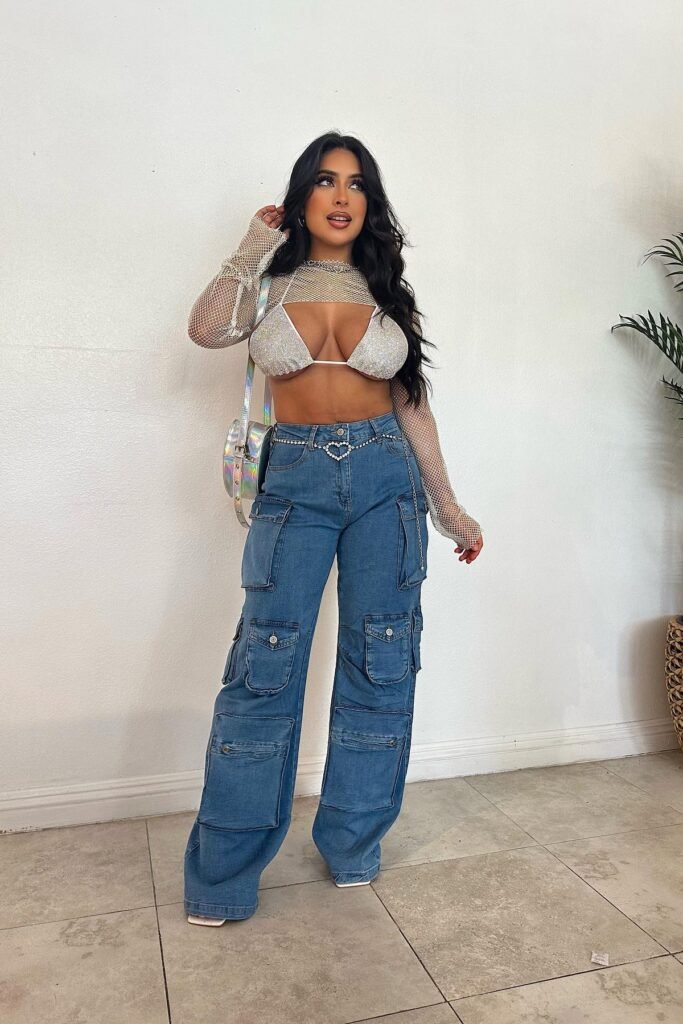 White Sequin Bikini Top with Mesh Shrug + Multi-Pocket Blue Cargo Jeans + White Square-Toe Heels