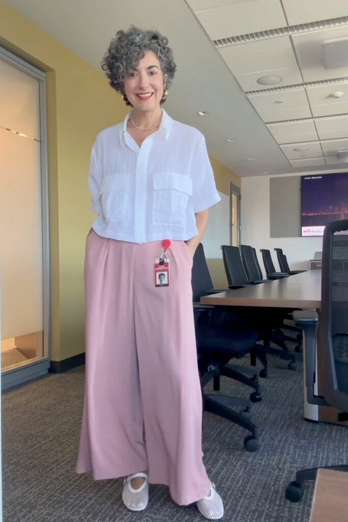 White Short-Sleeve Crop Shirt + Pink Wide-Leg Trousers + White Mesh Flats