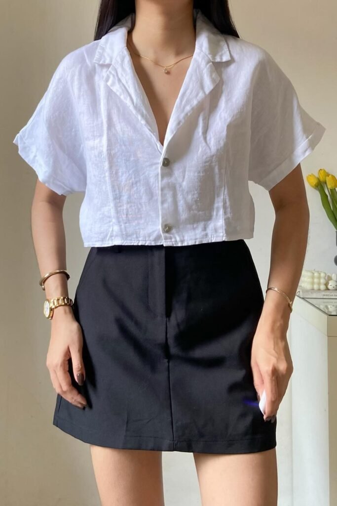 White Short-Sleeve Linen Button-Up + Black Mini Skirt