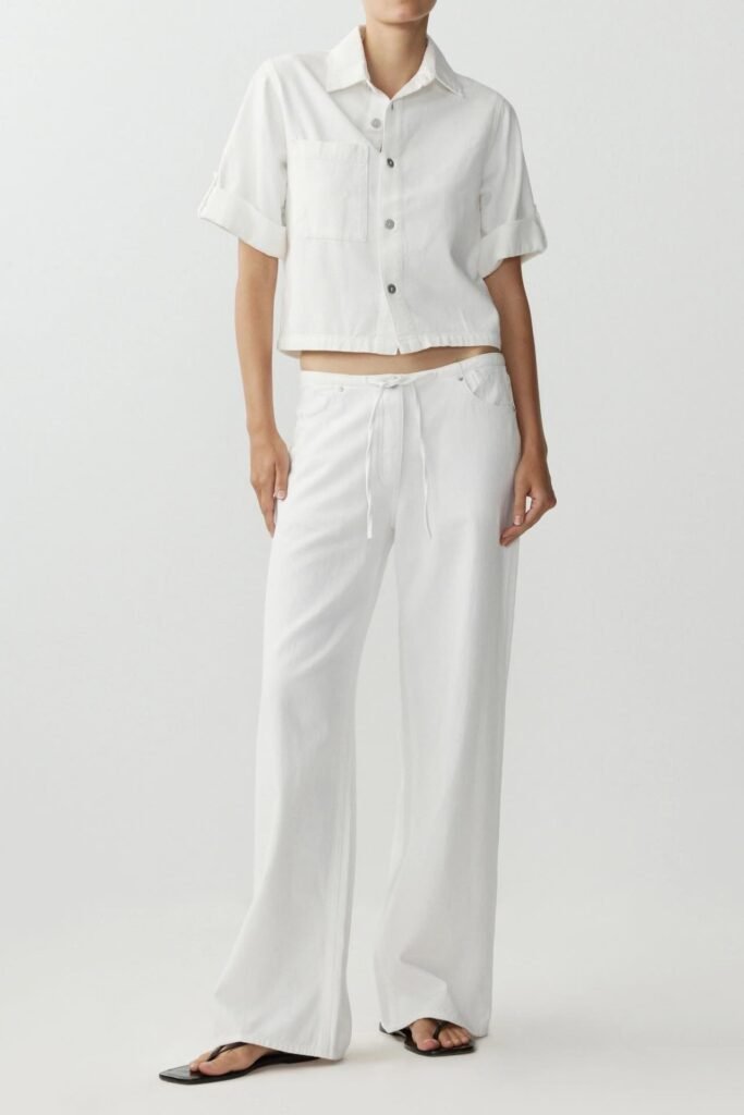 White Short-Sleeve Utility Shirt + White Wide-Leg Drawstring Pants + Black Flip Flops