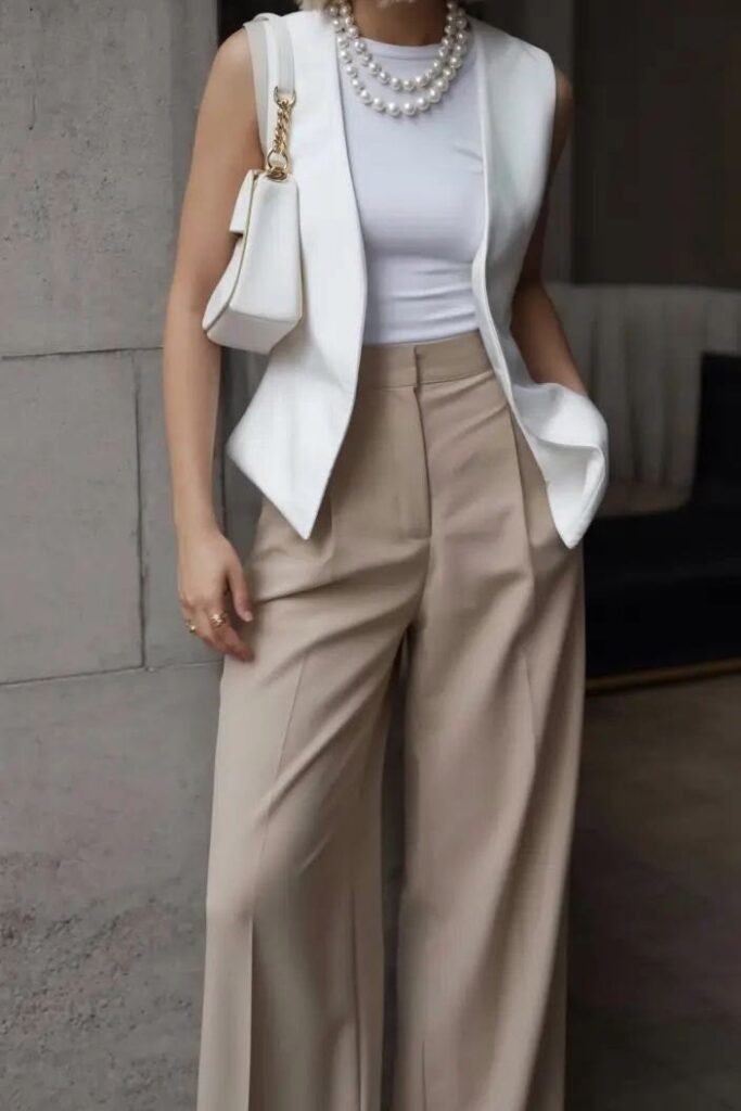 White Sleeveless Blazer + White High-Neck Top + Beige Wide-Leg Trousers + White Shoulder Bag