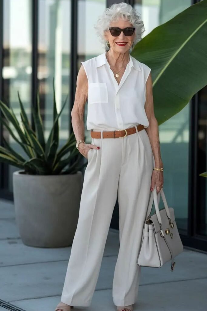 White Sleeveless Button-Down Shirt + Light Grey Pleated Trousers + Tan Leather Belt