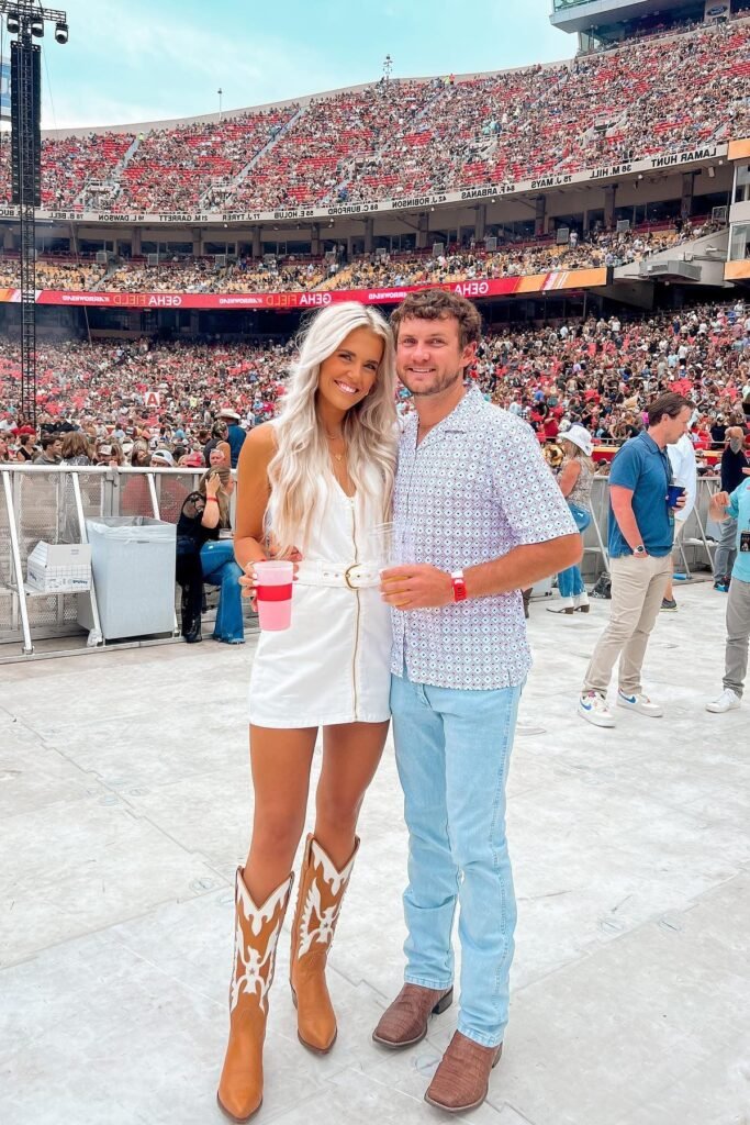 White Sleeveless Mini Dress + Tan and White Patterned Boots (Left) / Patterned Short Sleeve Shirt + Light Blue Jeans + Brown Boots (Right)