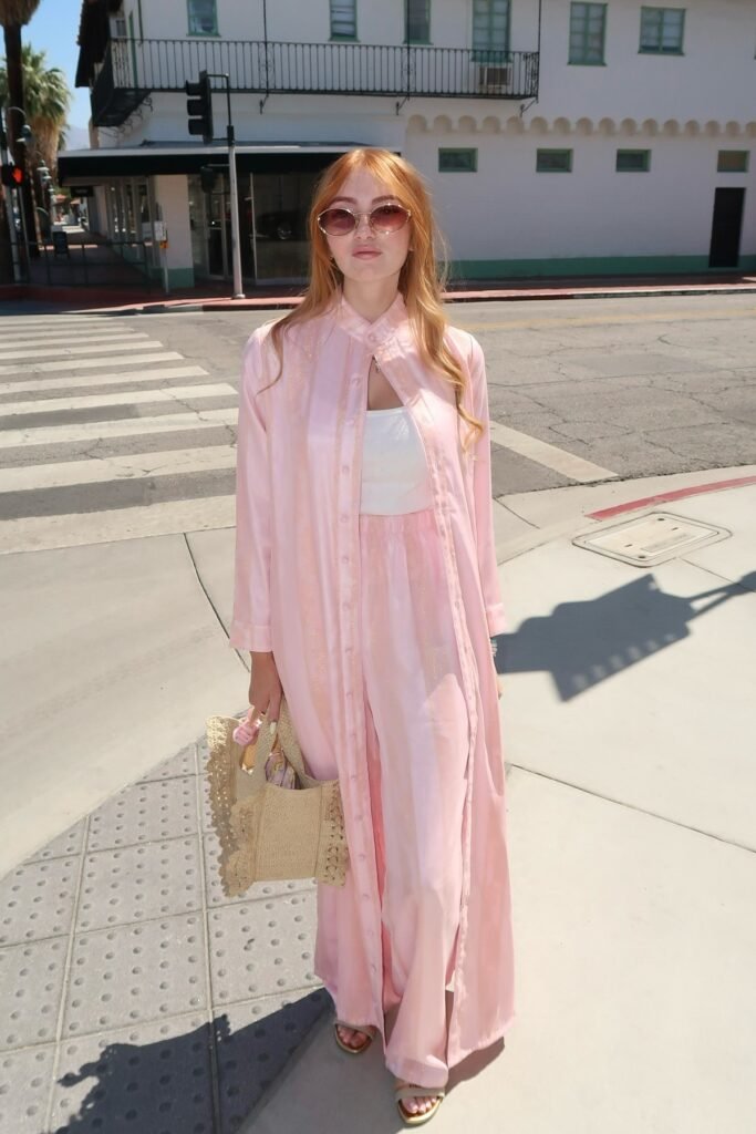 White Square-Neck Tank Top + Pink Satin Button-Up Longline Shirt + Matching Pink Satin Wide-Leg Trousers + Beige Strappy Sandals