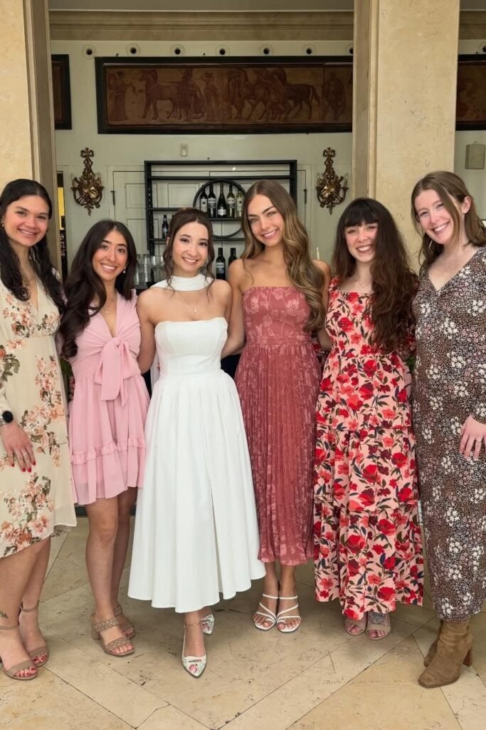 White Strapless Tea-Length Dress with Scarf + Floral Pointed-Toe Heels