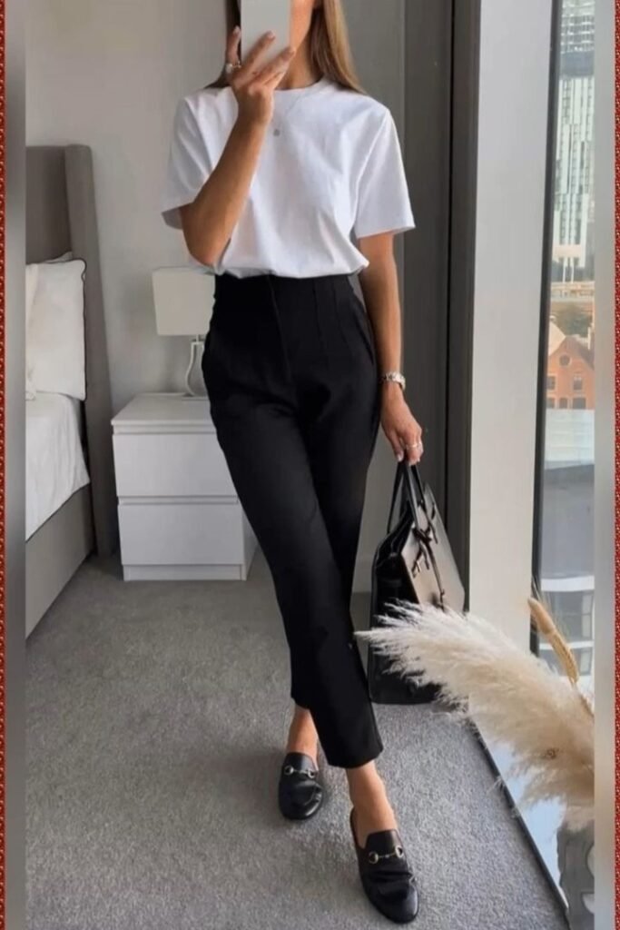 White T-Shirt + Black High-Waisted Trousers + Black Horsebit Loafers
