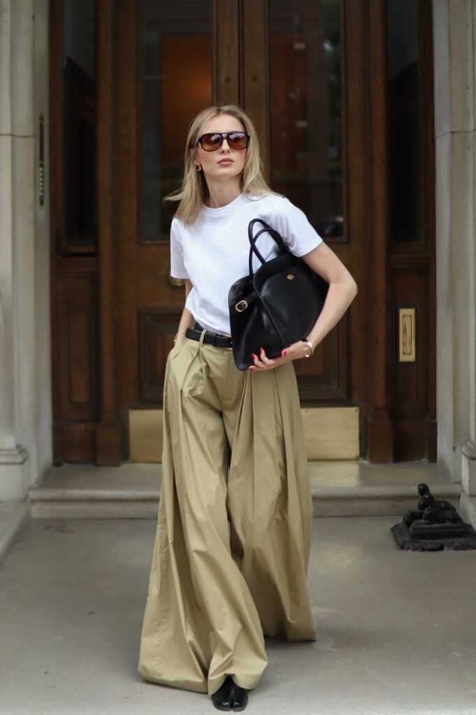 White T-shirt + Khaki Extra Wide-Leg Trousers + Black Tabi Shoes