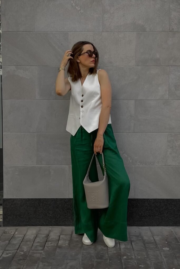 White Ruffled Halter Top + Grass Green Wide-Leg Pants + White Strappy Sandals