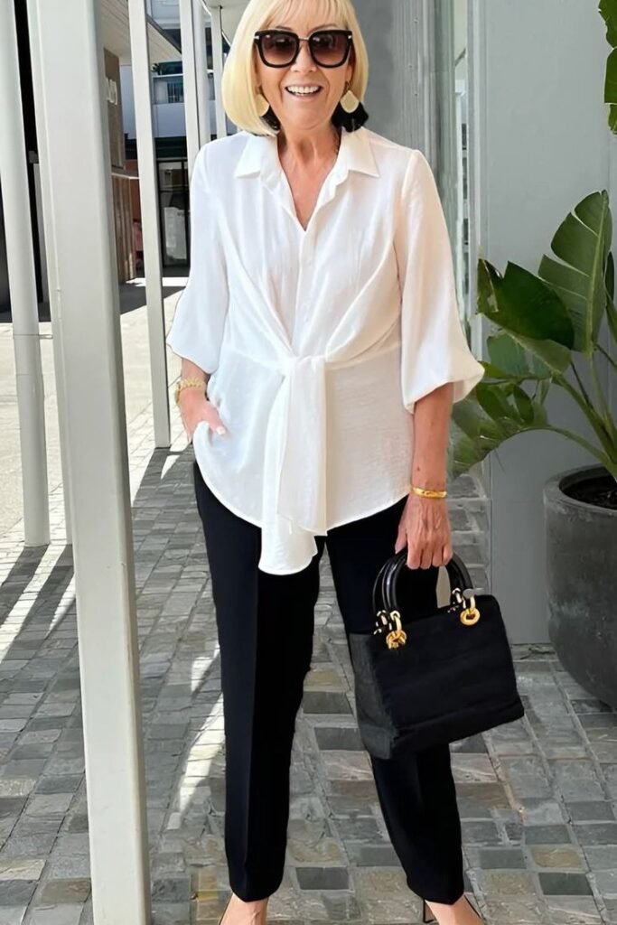 White Tie-Front Long-Sleeve Blouse + Black Slim-Fit Trousers + Black Pointed-Toe Heels