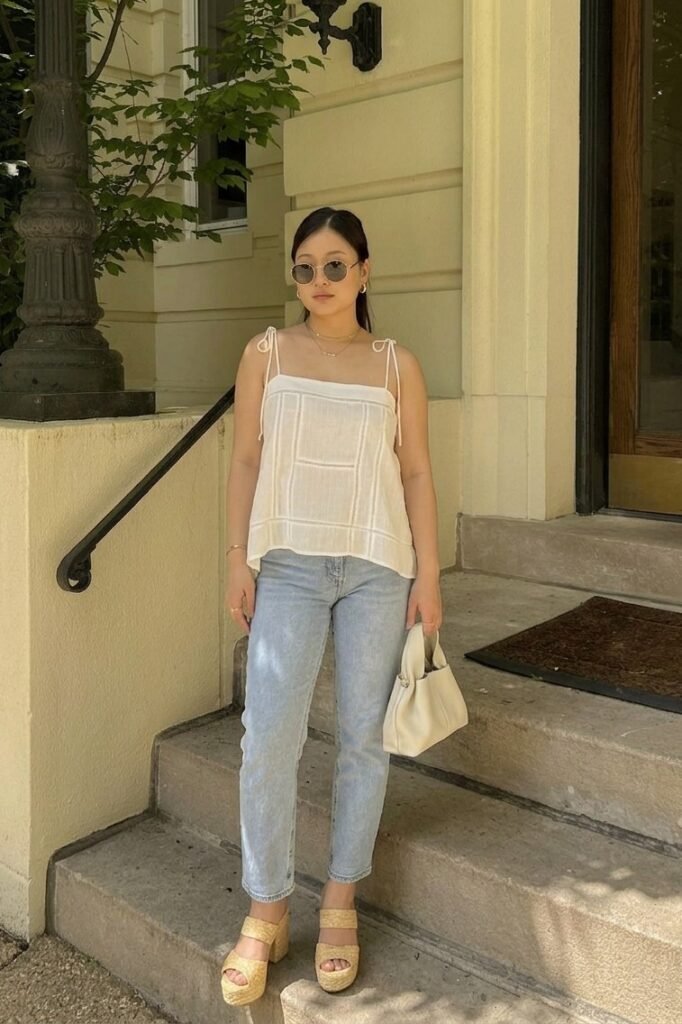 White Tie-Strap Camisole + Straight-Leg Light Wash Jeans + Woven Platform Mules