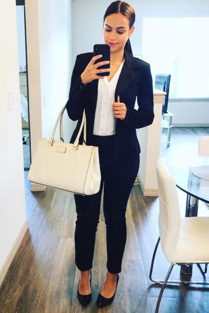 White V-Neck Blouse + Black Tailored Blazer + Black Slim-Fit Trousers + Black Pointed-Toe Flats