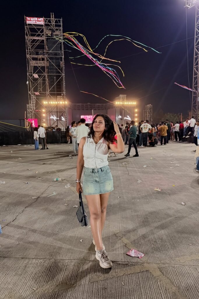 White Zip-Up Sleeveless Top + Light Wash Denim Mini Skirt + Beige Sneakers