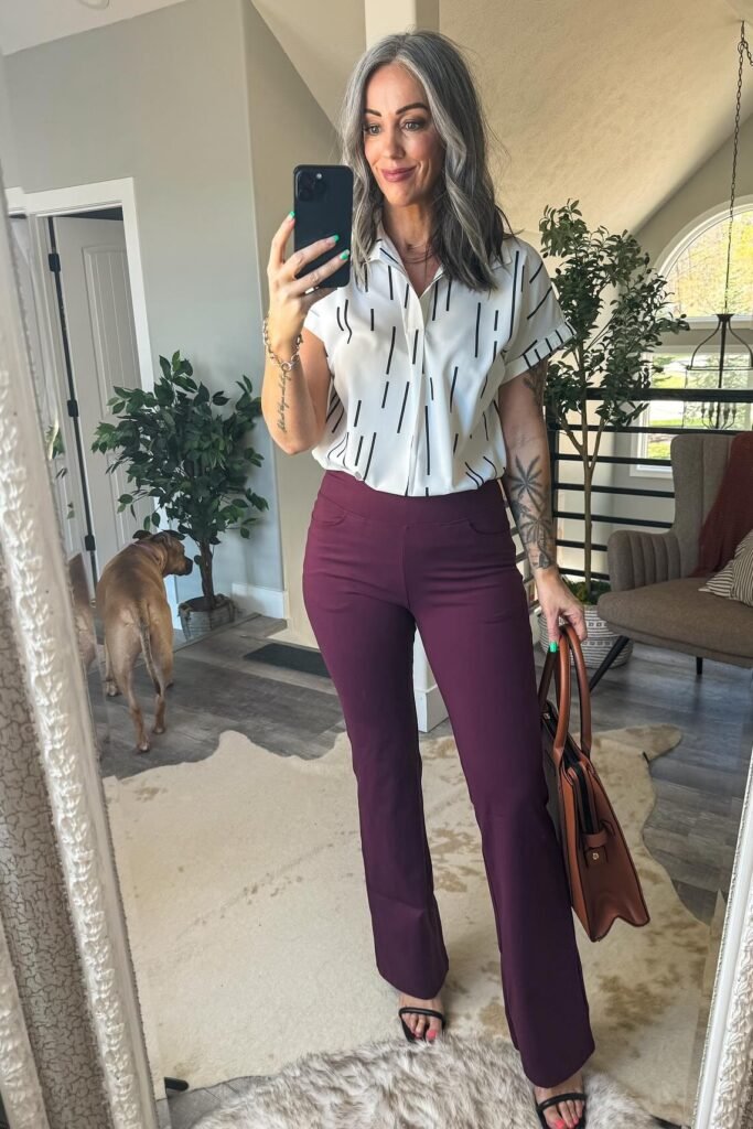 White and Black Vertical Pattern Button-Down Shirt + Deep Plum Flared Trousers + Black Strappy Sandals