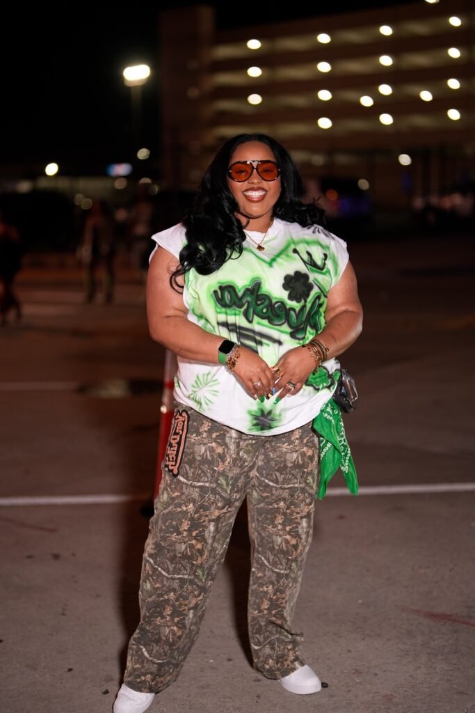 White and Green Graffiti Graphic Tee + Camouflage Cargo Pants + White Sneakers