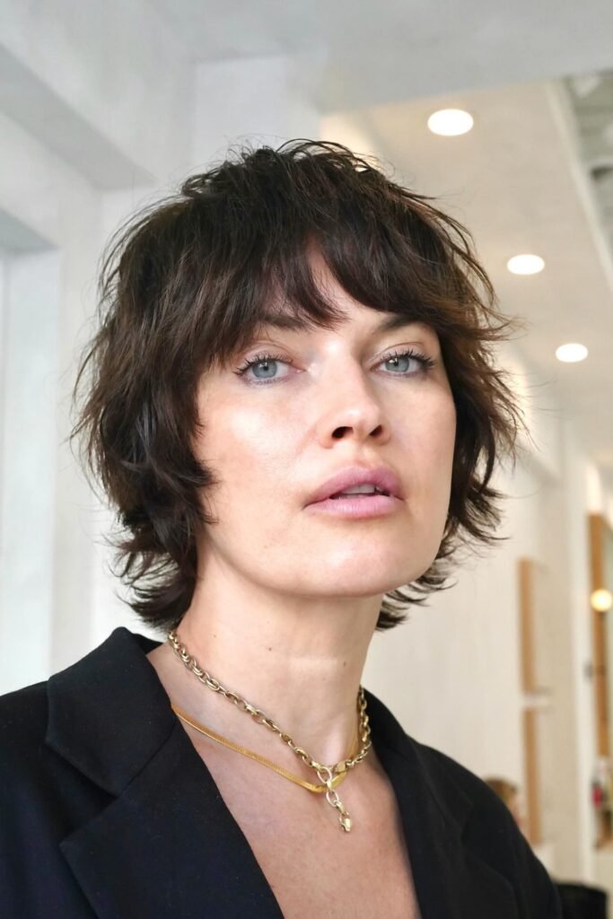 Wispy Dark Brown Shag with Tapered Neckline