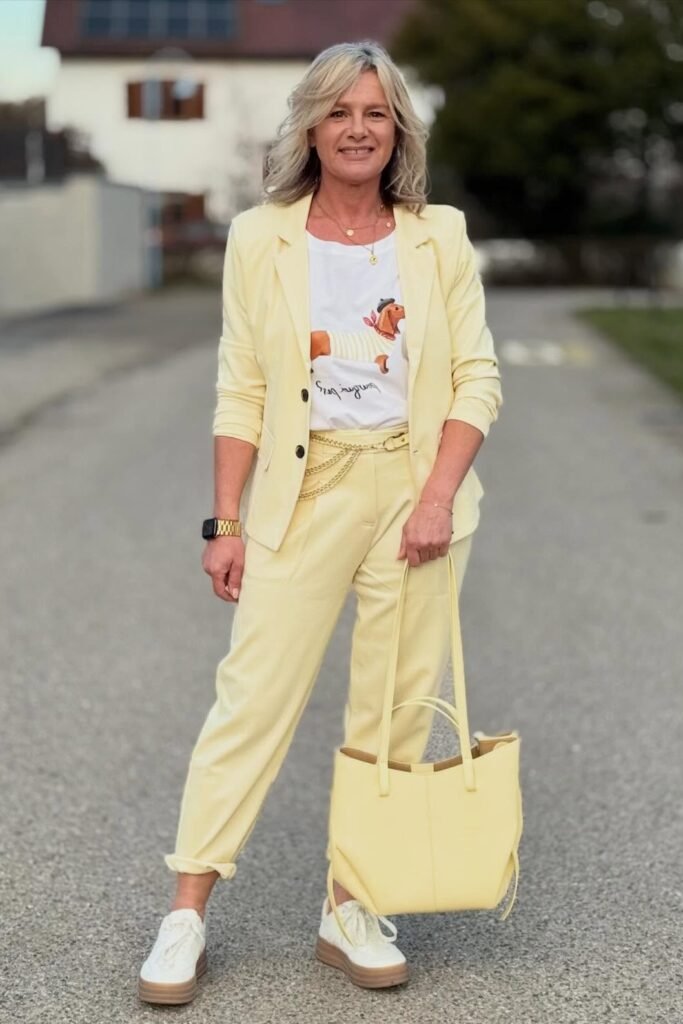 Yellow Blazer and Trouser Suit + Graphic Tee + White Platform Sneakers