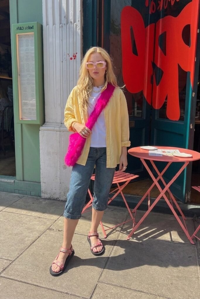Yellow Button-Down Shirt + Denim Capri Pants + Pink Sporty Sandals