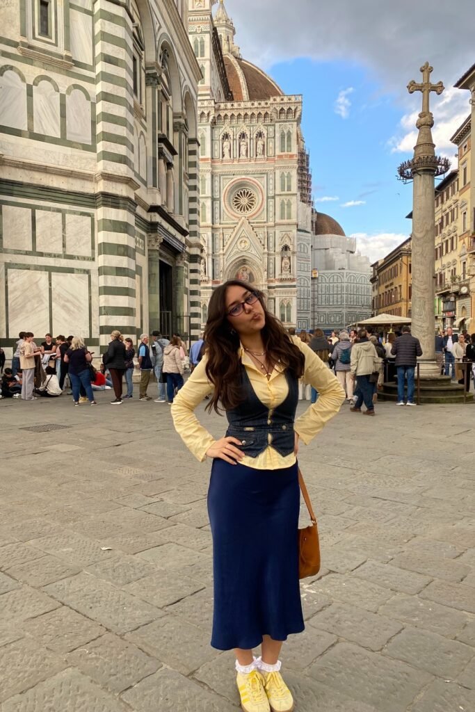 Yellow Button-up Shirt + Denim Vest + Navy Satin Midi Skirt + Yellow Sneakers