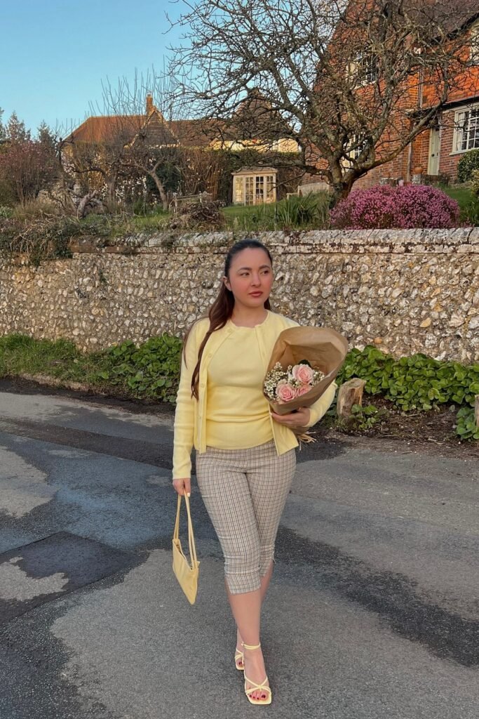 Yellow Cardigan Set + Plaid Capri Trousers + Yellow Strappy Sandals