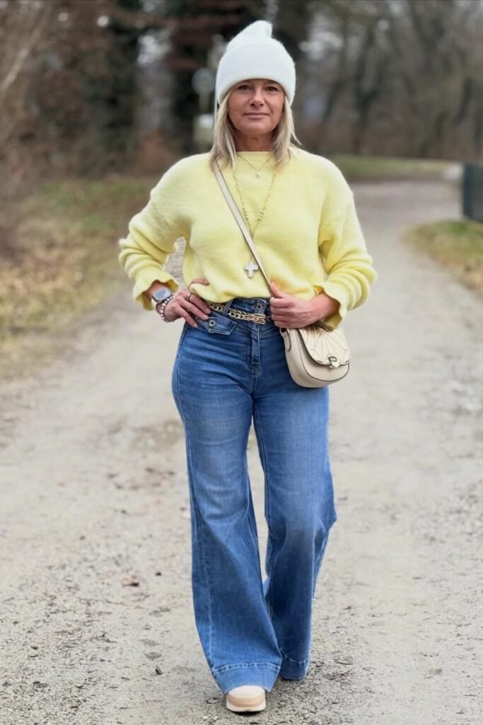 Yellow Crewneck Sweater + Light Wash Wide-Leg Jeans + White Beanie