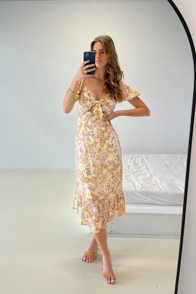 Yellow Floral Tie-Front Midi Dress + Tan Square-Toe Mules